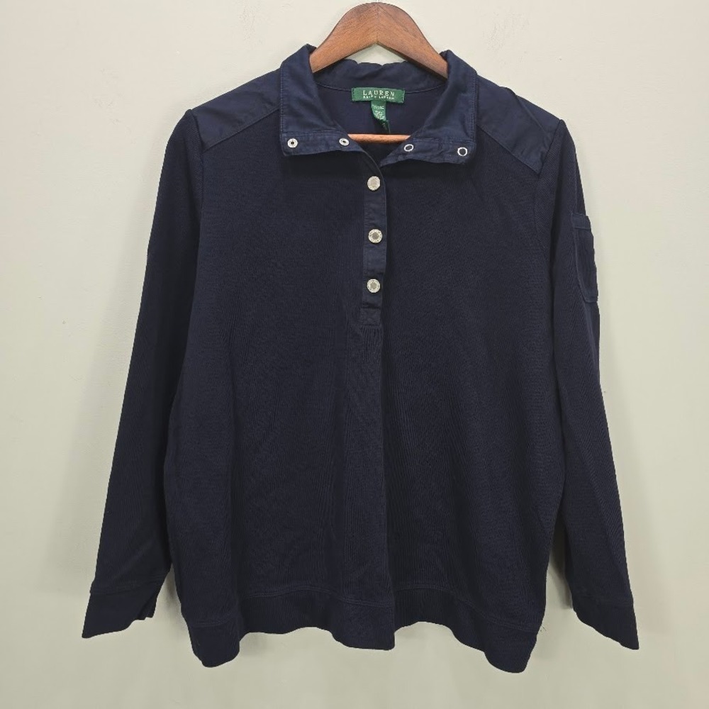 Lauren Ralph Lauren Top 1X Navy Blue Ribbed 1/4‎ Button Pullover Collar Logo